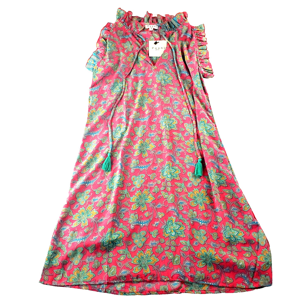 Paani Anthro Paisley Floral Mini Sheath Slip Tassel Dress Women's Small Coral